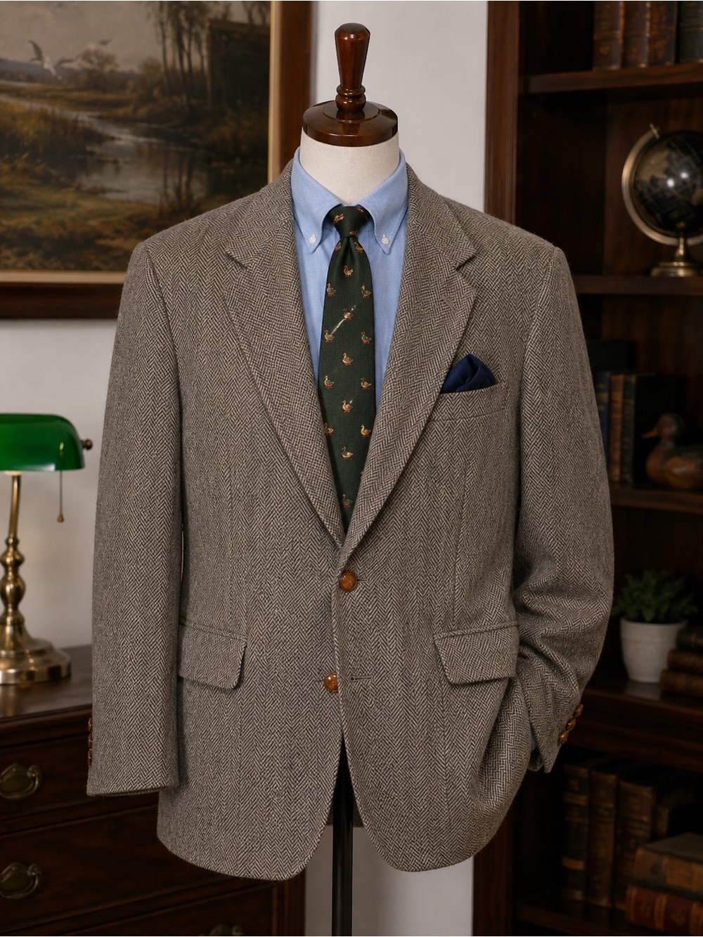 100% Wool Herringbone Tweed Blazer 44R Vintage USA John Weitz Palm Beach